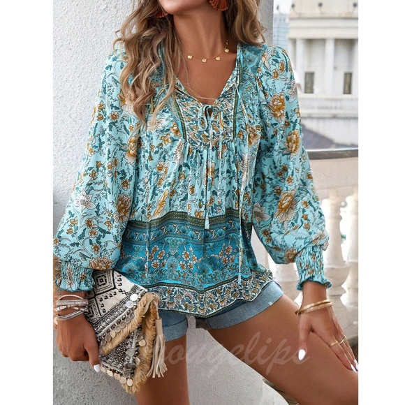 Blue Floral Printed Boho Long Sleeve Blouse Loose Fit Neck Ties - Picture 4 of 8